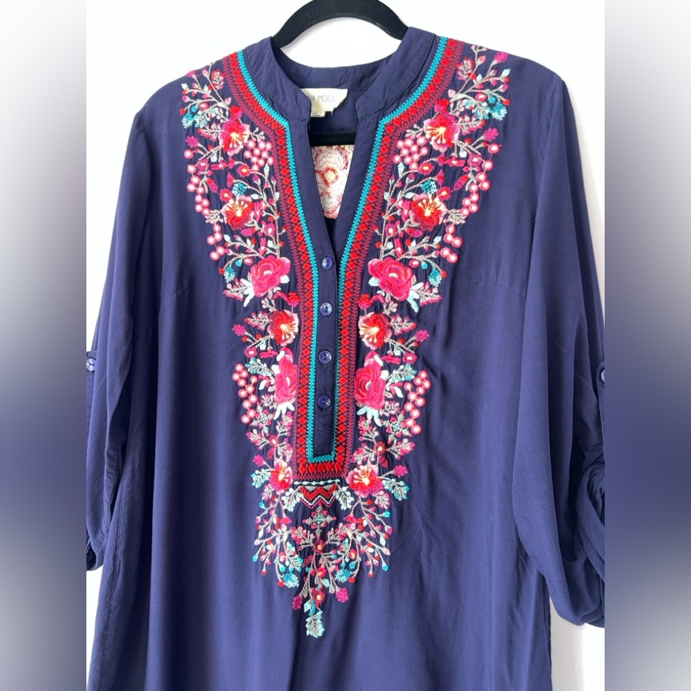 Anthropologie Luna Moon Tunic Top Boho Navy Floral Embroidered Large Cottagecore - Picture 4 of 13